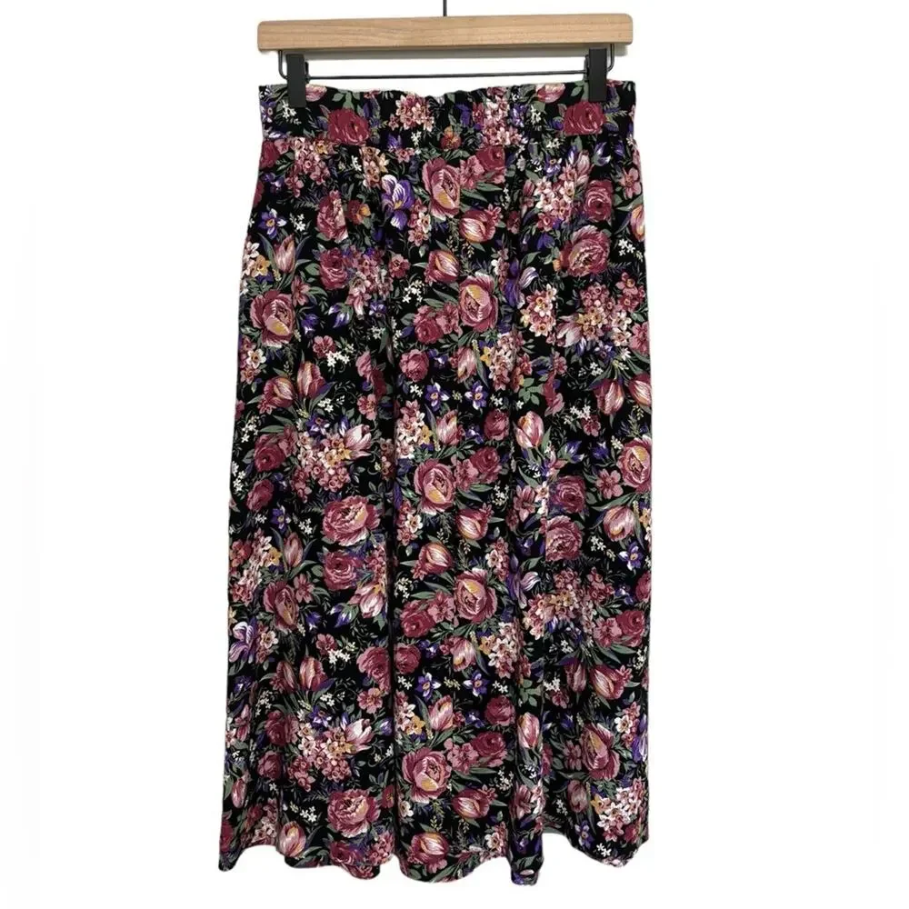 Vintage 90s Grunge Black Floral Pockets Midi Skirt S/M